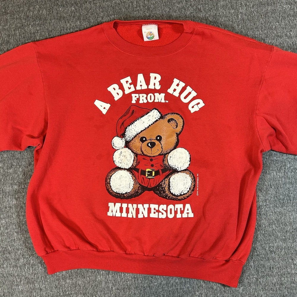 VTG Christmas‎ A Bear Hug From Minnesota PM Enterprises Mens 2XL Sweatshirt Red